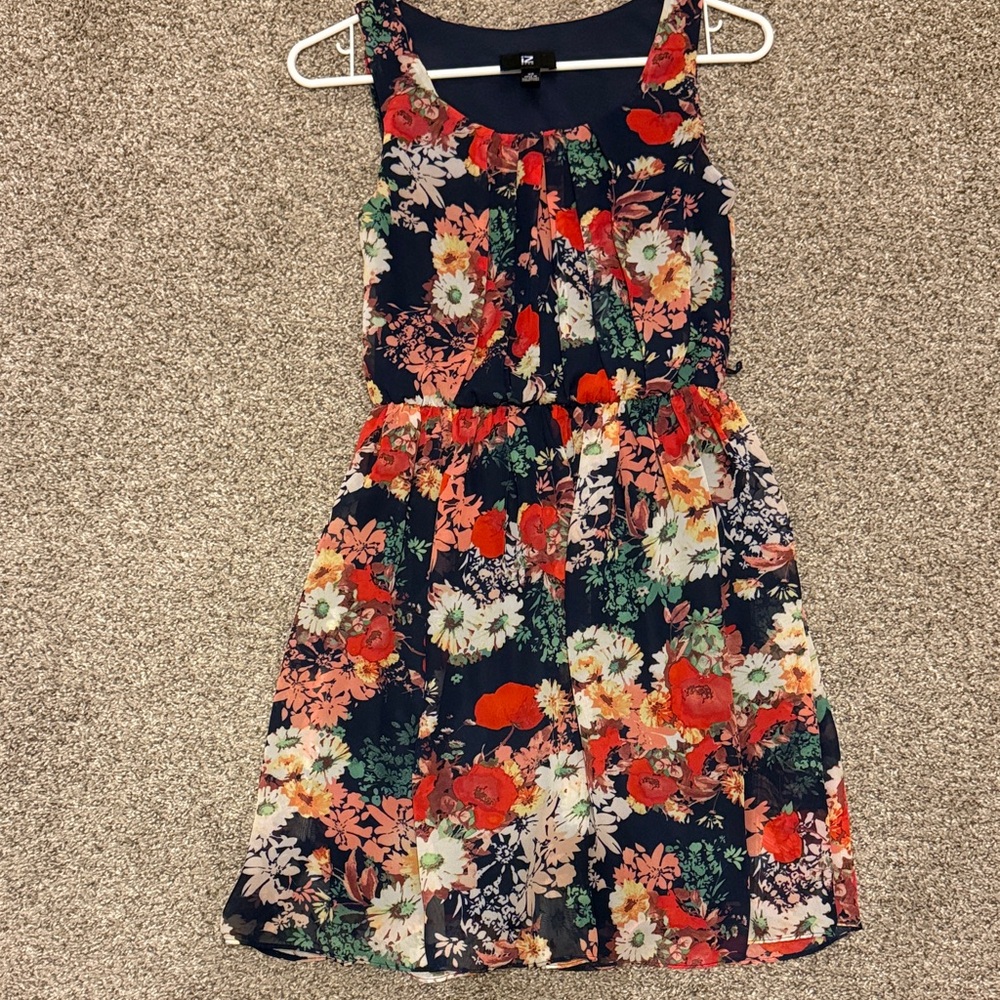 Iz Byer Navy Floral Sleeveless Dress with Red and White Blooms